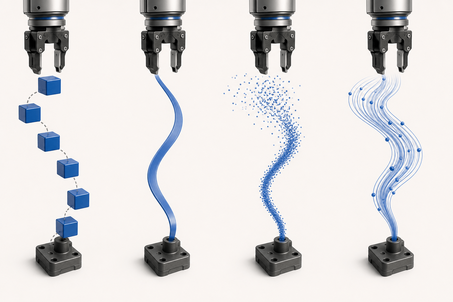 Four abstract mechanical pathways showing stepwise tokens, bundled trajectories, iterative refinement and continuous flow