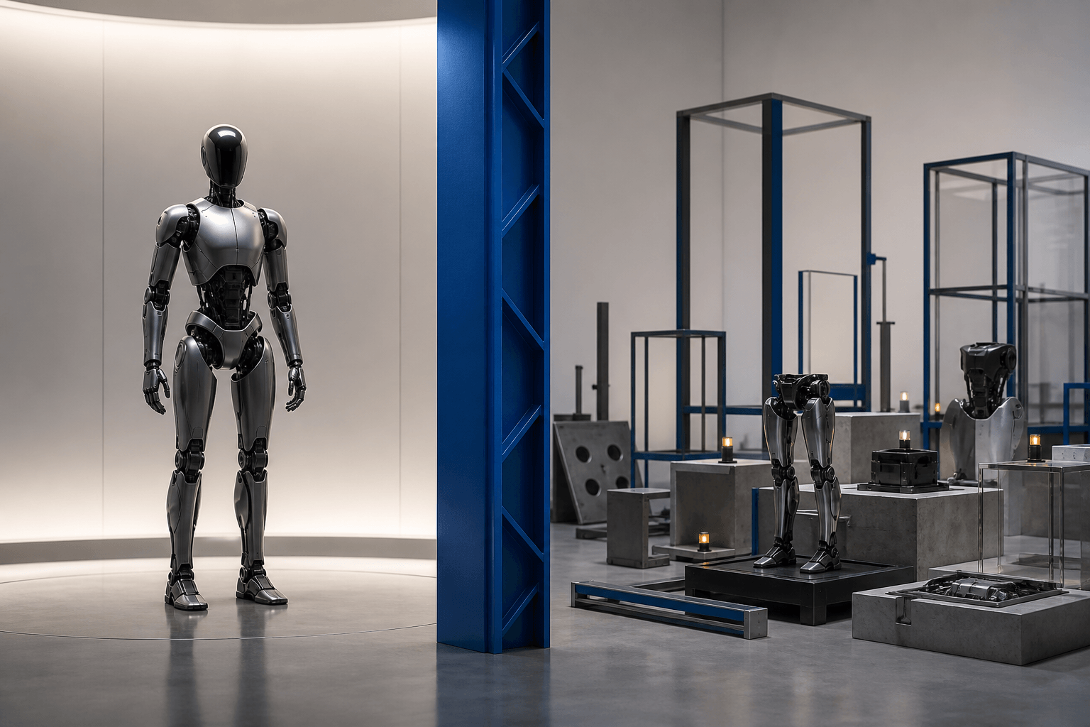 Abstract editorial illustration contrasting a polished humanoid silhouette with incomplete industrial evidence blocks and open measurement spaces.