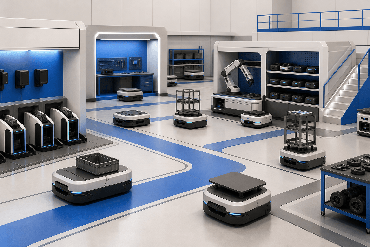 Generic collaborative mobile robots, support stations and service pathways arranged as an operational system rather than a product showcase