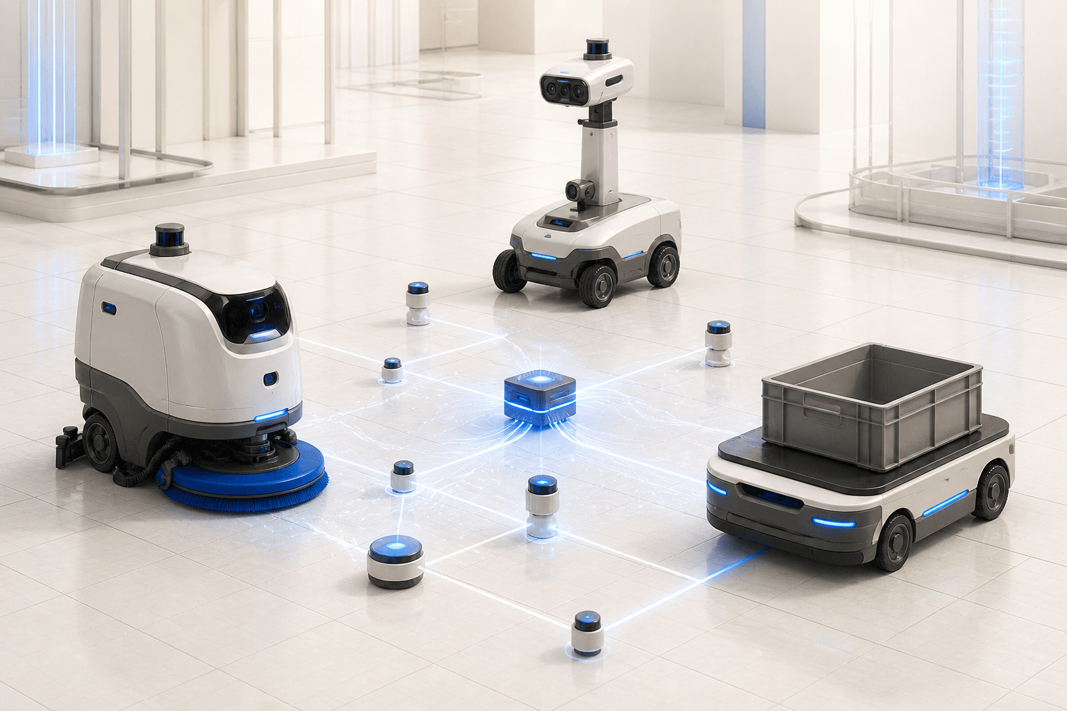 A modular field of generic mobile robots, sensors and service stations connected through an abstract shared infrastructure