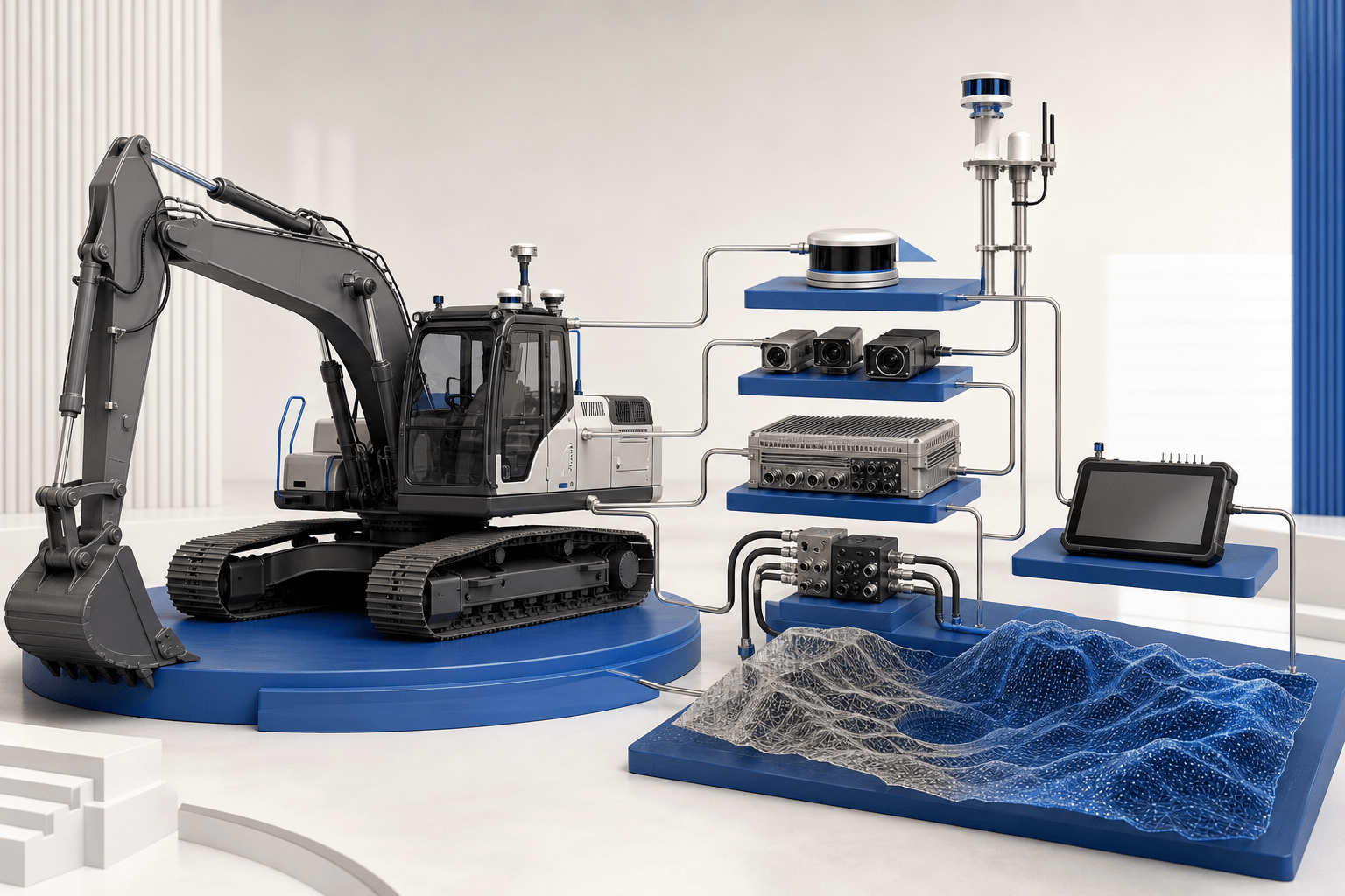Abstract editorial illustration showing sensors, control hardware, software, and operator supervision layered onto generic heavy construction machinery.