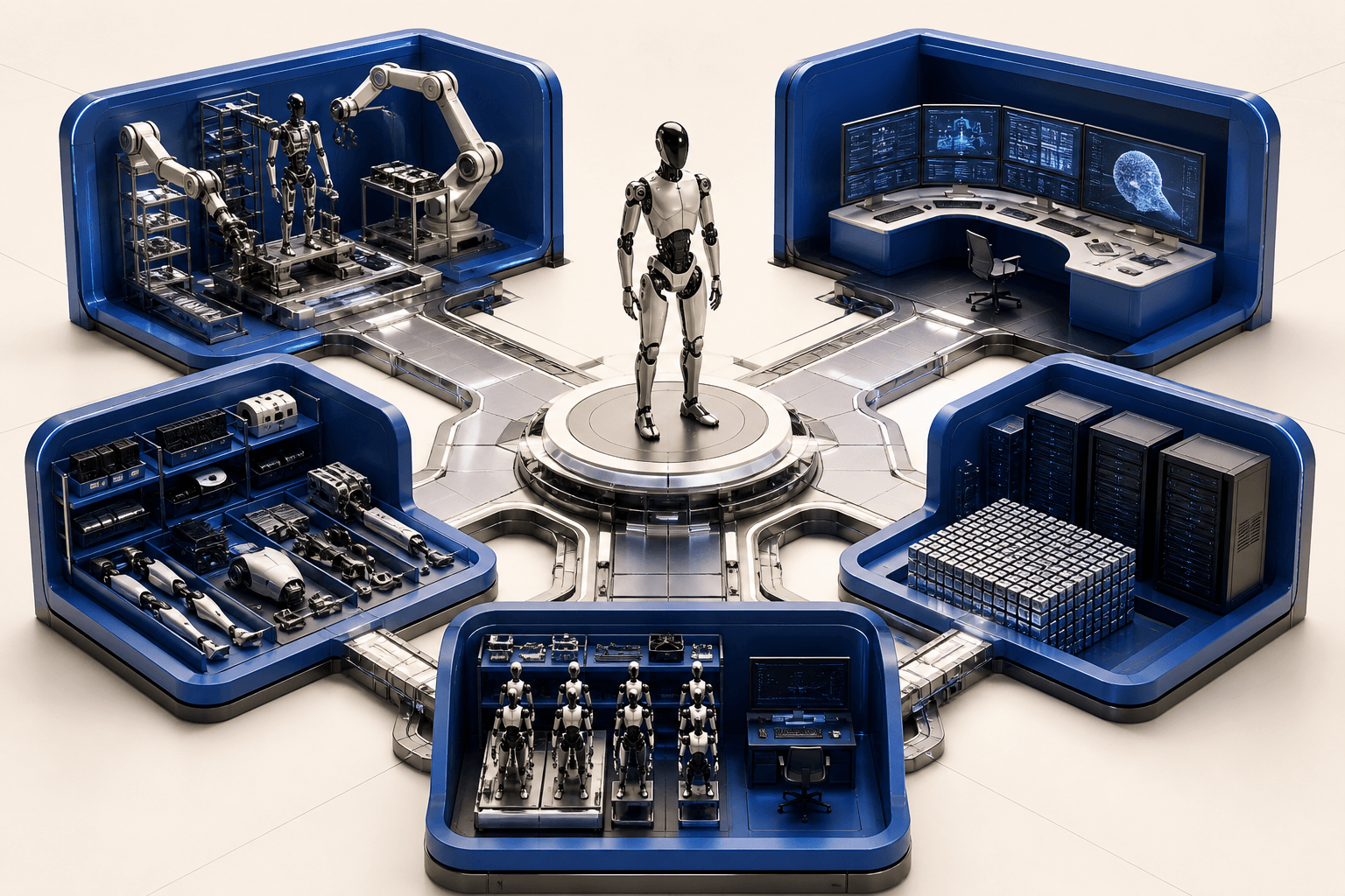Abstract editorial illustration showing a modular robotics company separating into hardware, software, manufacturing, and talent layers.