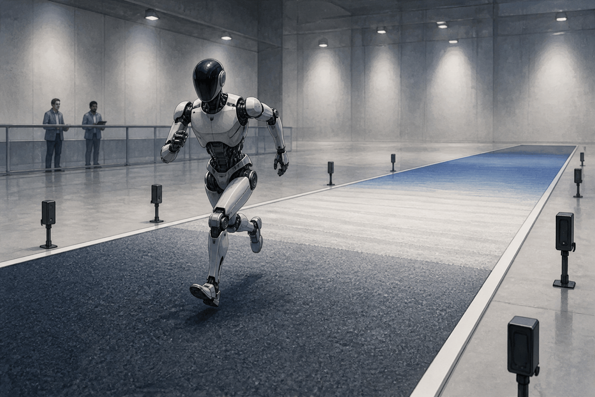A conceptual humanoid running test shown with an acceleration zone, timed lane and separate deceleration area.