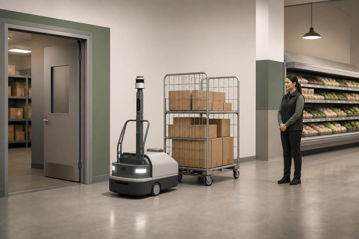 A conceptual retail transport workflow with a generic robot, stock cart and clearly separated store associate.