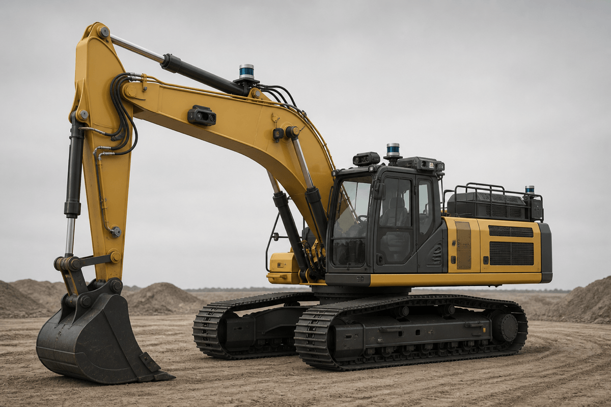A conceptual full-size excavator with plausible unbranded sensor and compute retrofit modules.