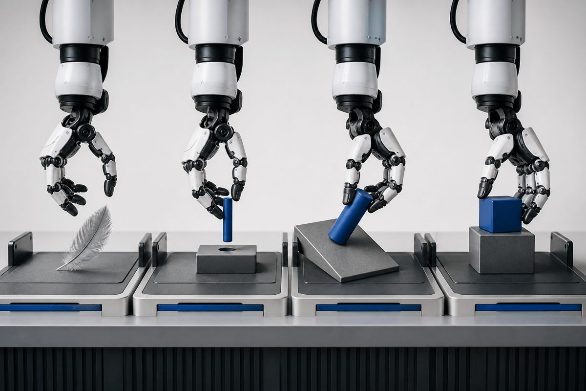 A conceptual tactile-robot evaluation bench separating contact recognition, force control, slip recovery and task completion.