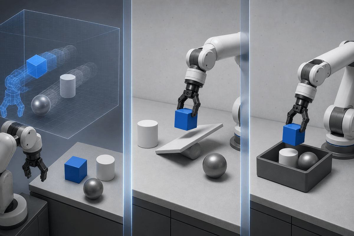 A conceptual robot world-model evaluation environment separating visual prediction, physical consistency and task completion.