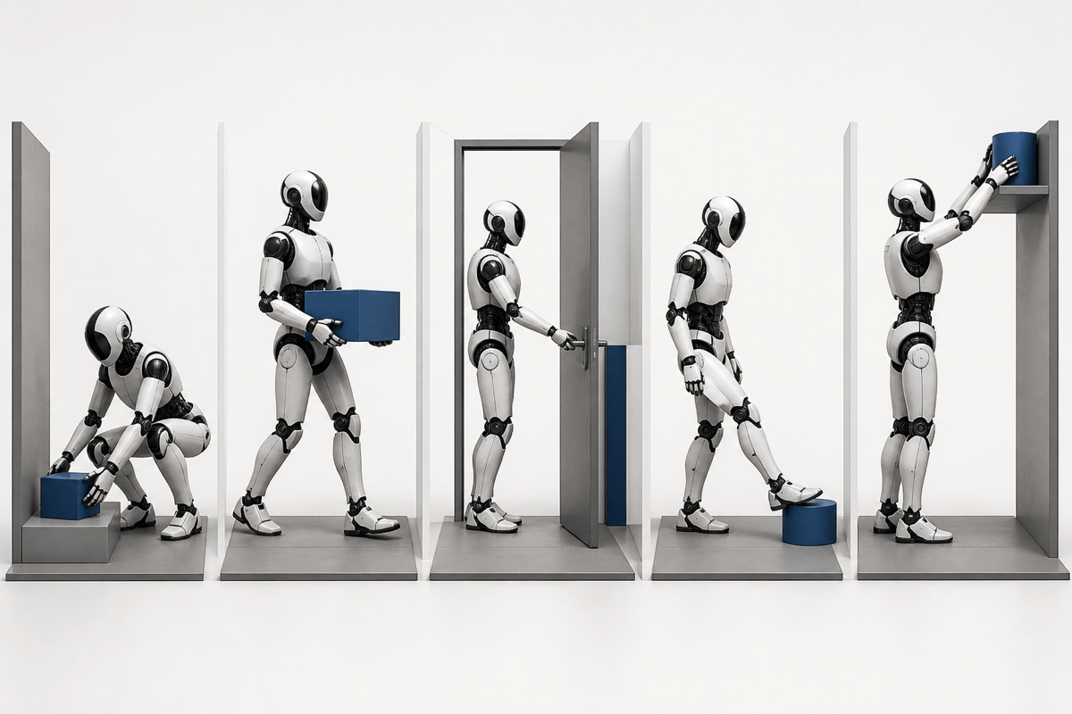 A humanoid evaluation environment presents coordinated reaching, squatting, carrying, foot interaction and obstacle-aware locomotion as separate physical trials.