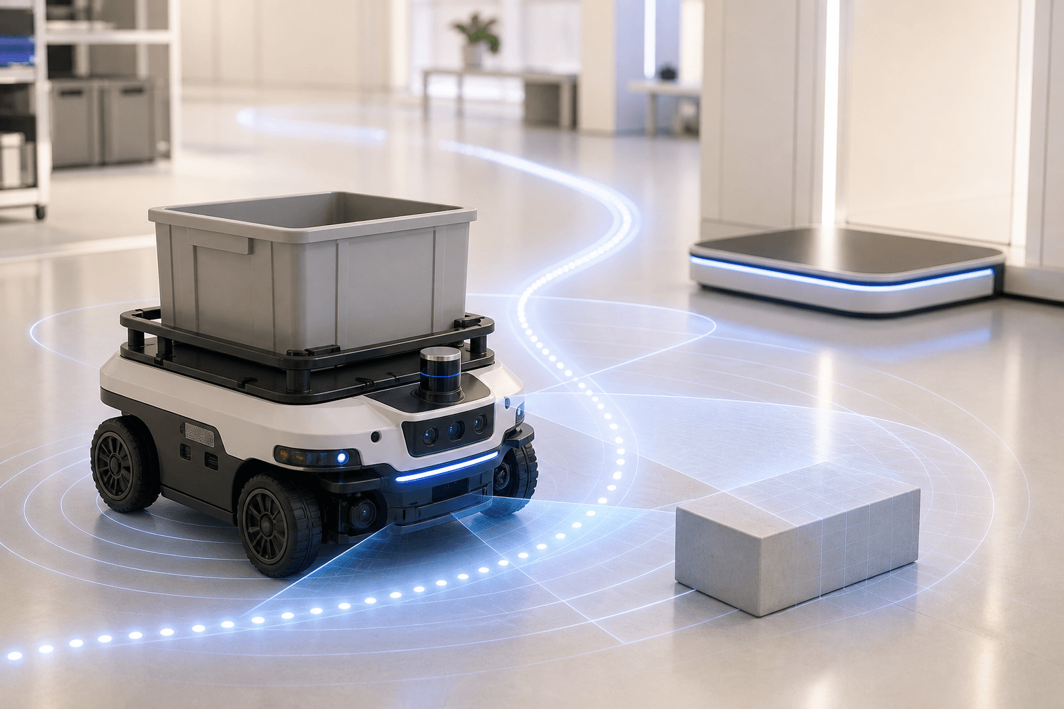 A generic mobile robot sensing an obstacle, changing its route and continuing toward a physical destination