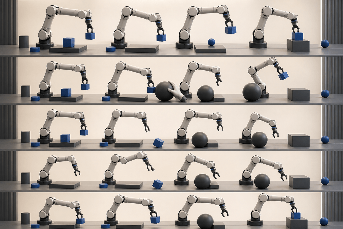 A conceptual layered evaluation workflow for robot policies, moving from a clean task through perturbation, failure diagnosis, recovery and trajectory safety.