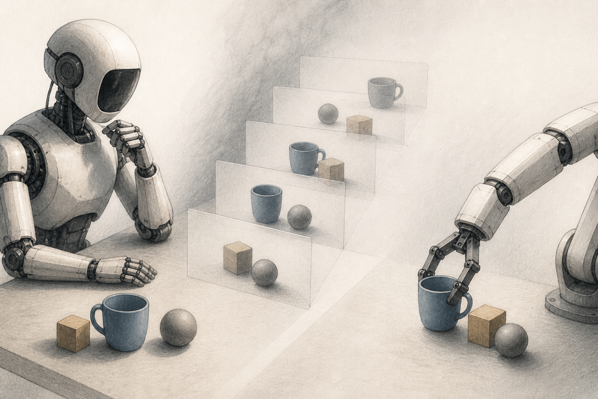 A conceptual sequence linking a robot’s current observation, several imagined futures and one executable motion.