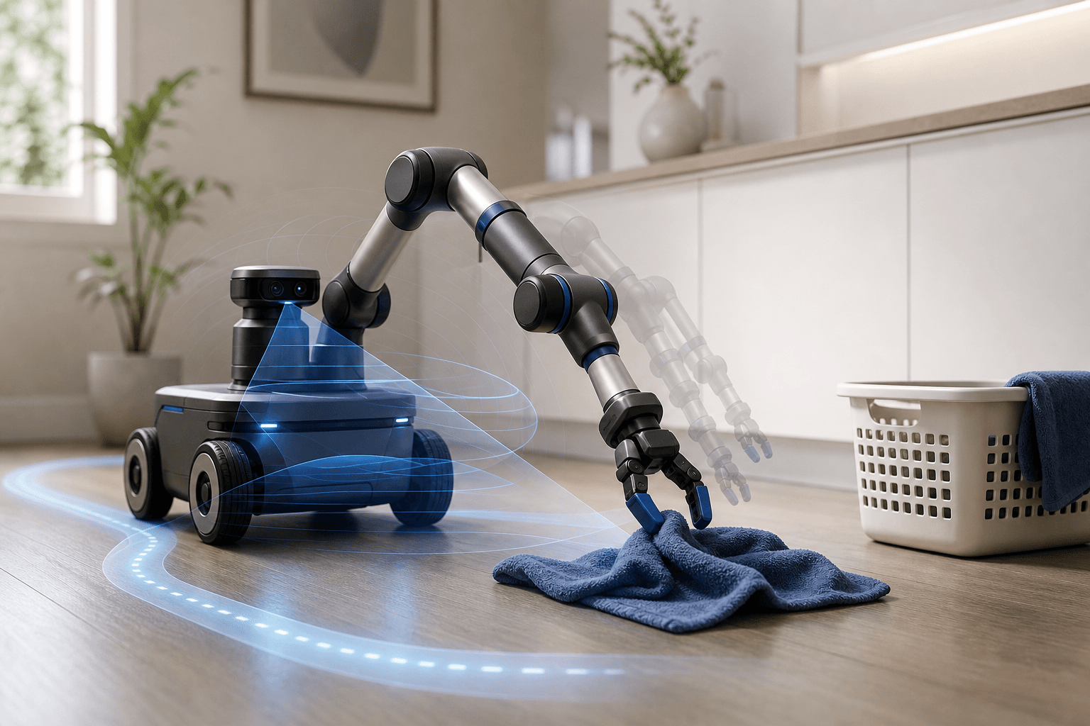 A generic mobile manipulator sensing a towel, approaching it and correcting its motion