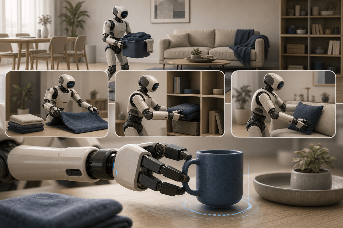 A conceptual hierarchy shows a broad household goal divided into phases, bounded robot skills and immediate closed-loop corrections.