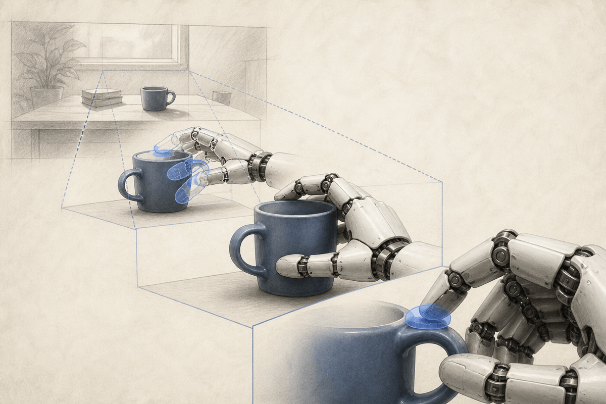 A conceptual hierarchy connecting visual task understanding, predicted contact, nominal hand motion and rapid fingertip correction.