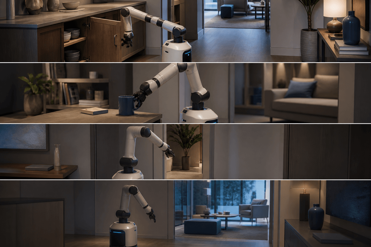 A long robot workflow encounters accumulated pose error, ambiguous progress, missing skills and environmental change without depicting damage or a measured failure.