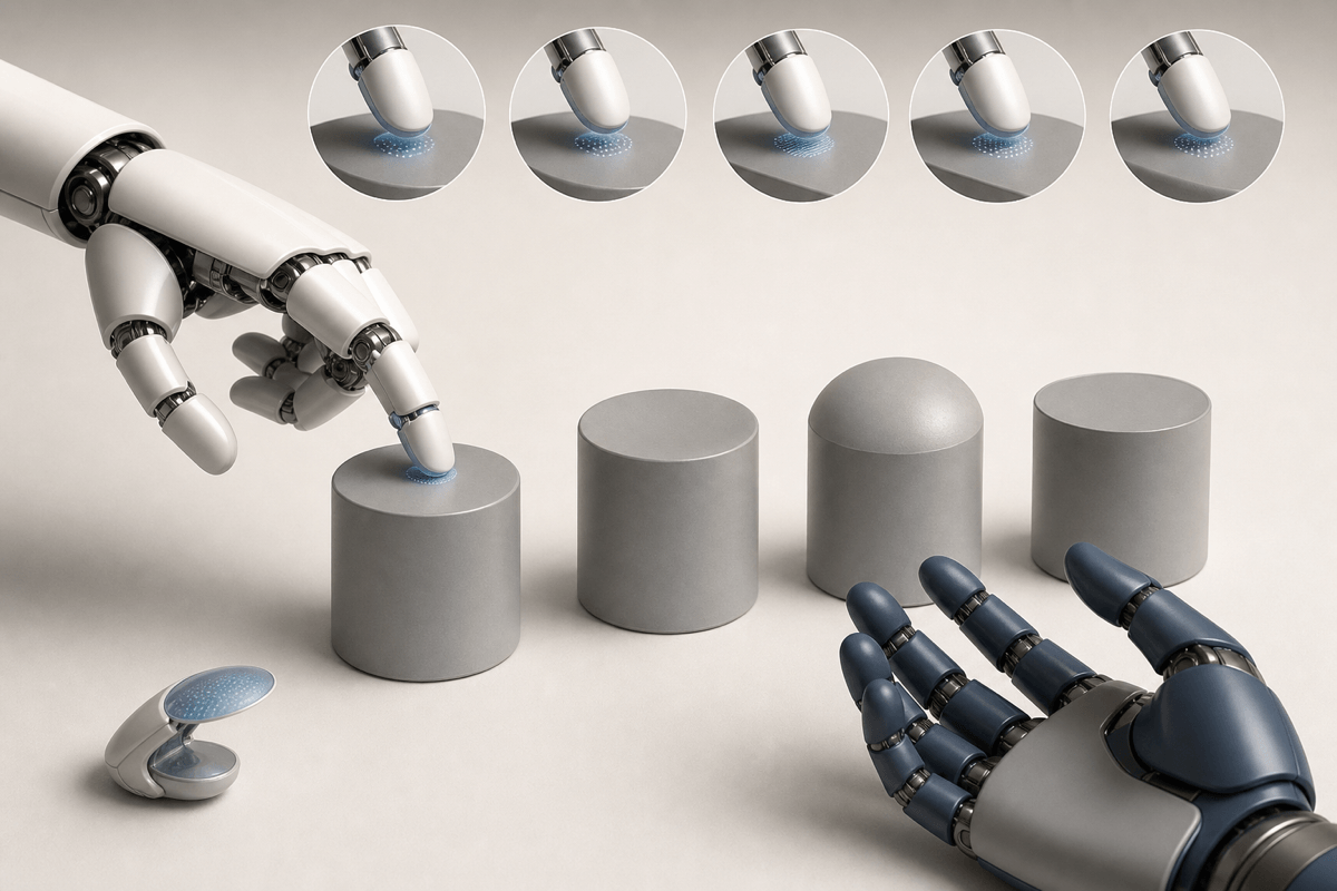 A conceptual tactile robot hand facing sensor noise, hidden slip, calibration drift and competing control responses.