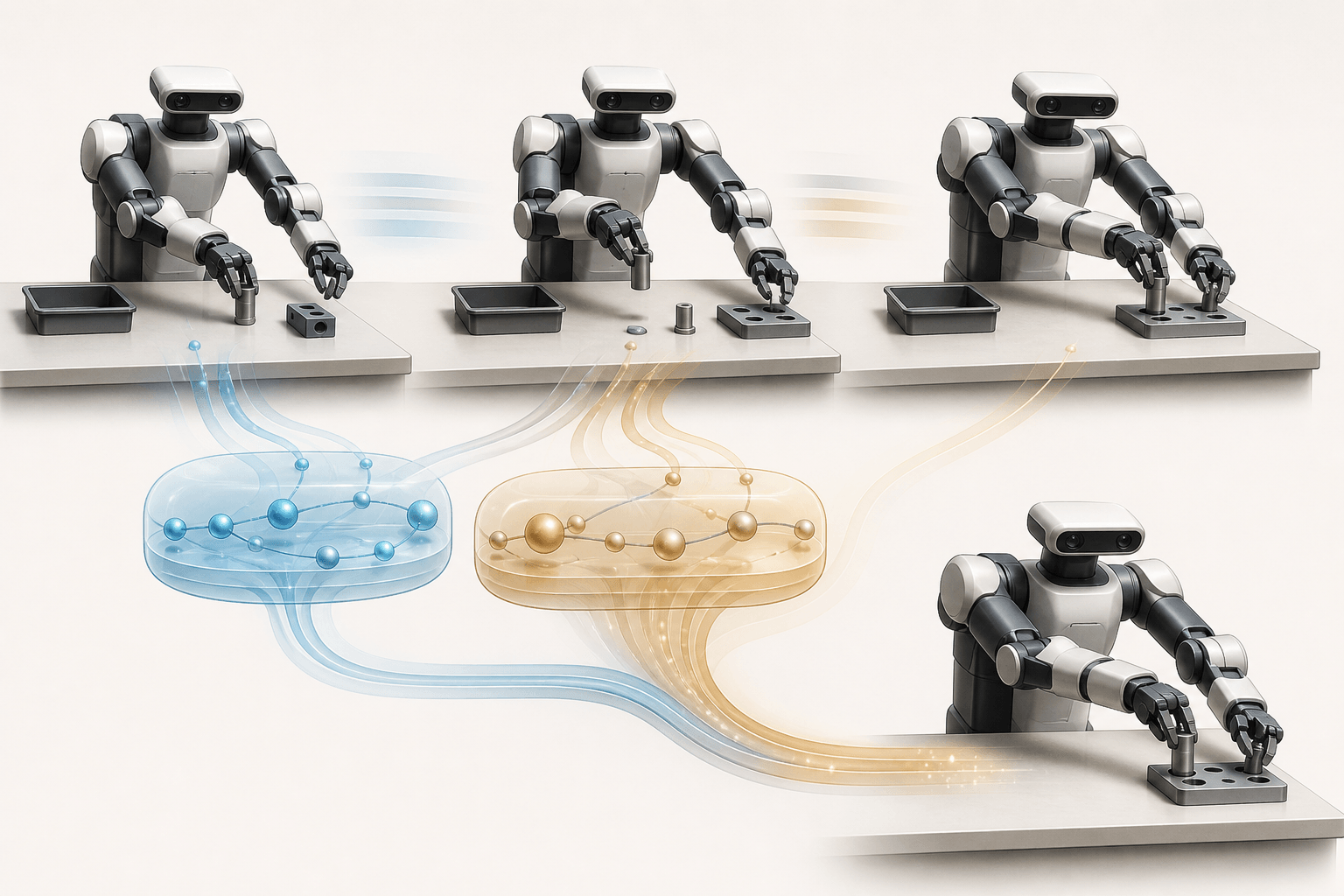 An editorial mechanism illustration showing three successive robot observations being distilled into two compact motion memories that guide the next manipulation action.
