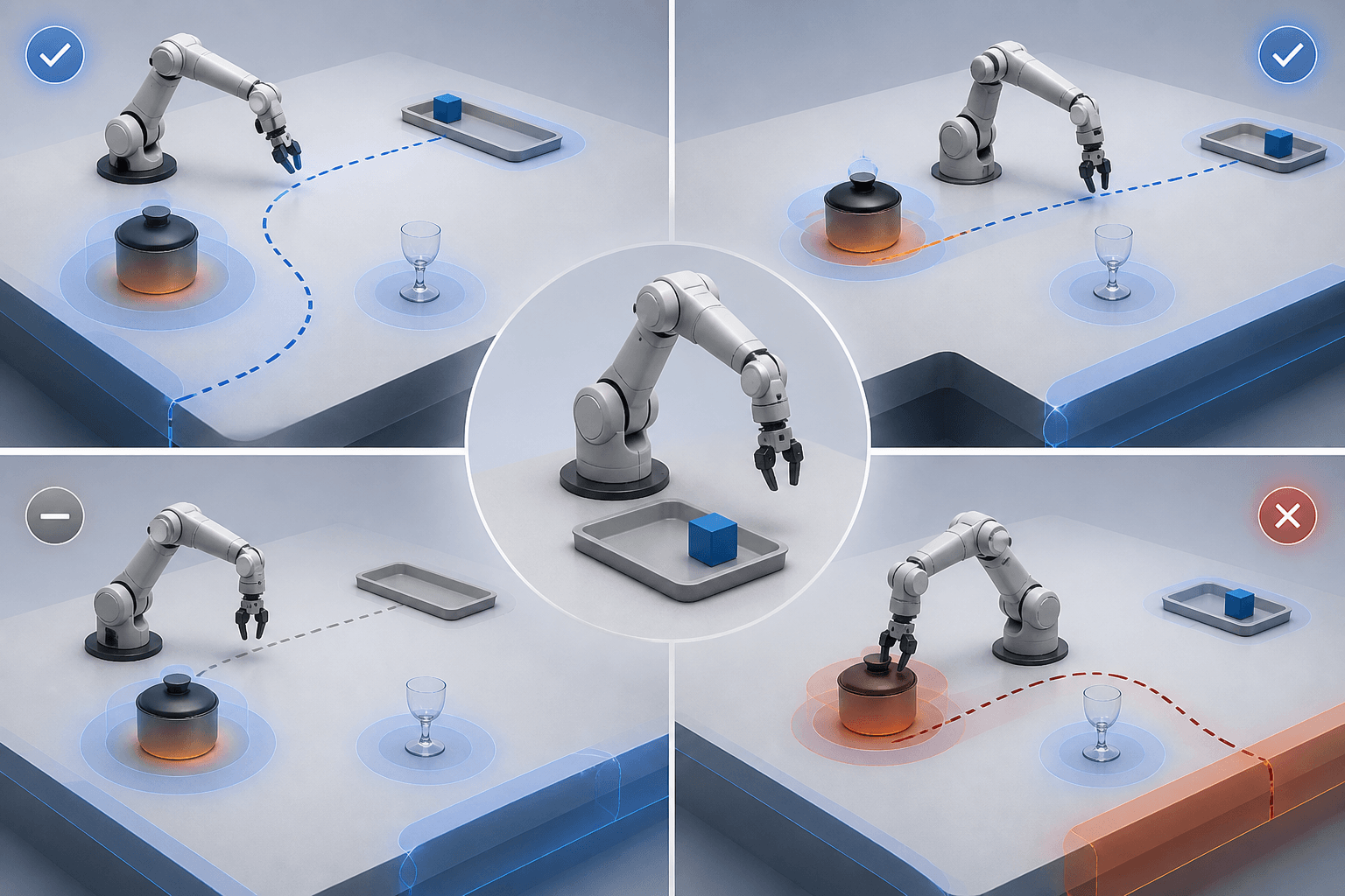 AI-generated conceptual illustration of a robot trajectory being separated into safe success, unsafe success, safe failure and unsafe failure