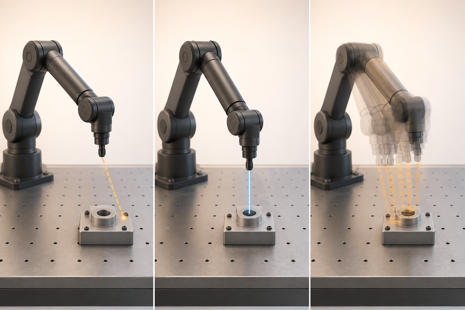 Three generic robot motions showing open-loop drift, smooth correction and excessive oscillation