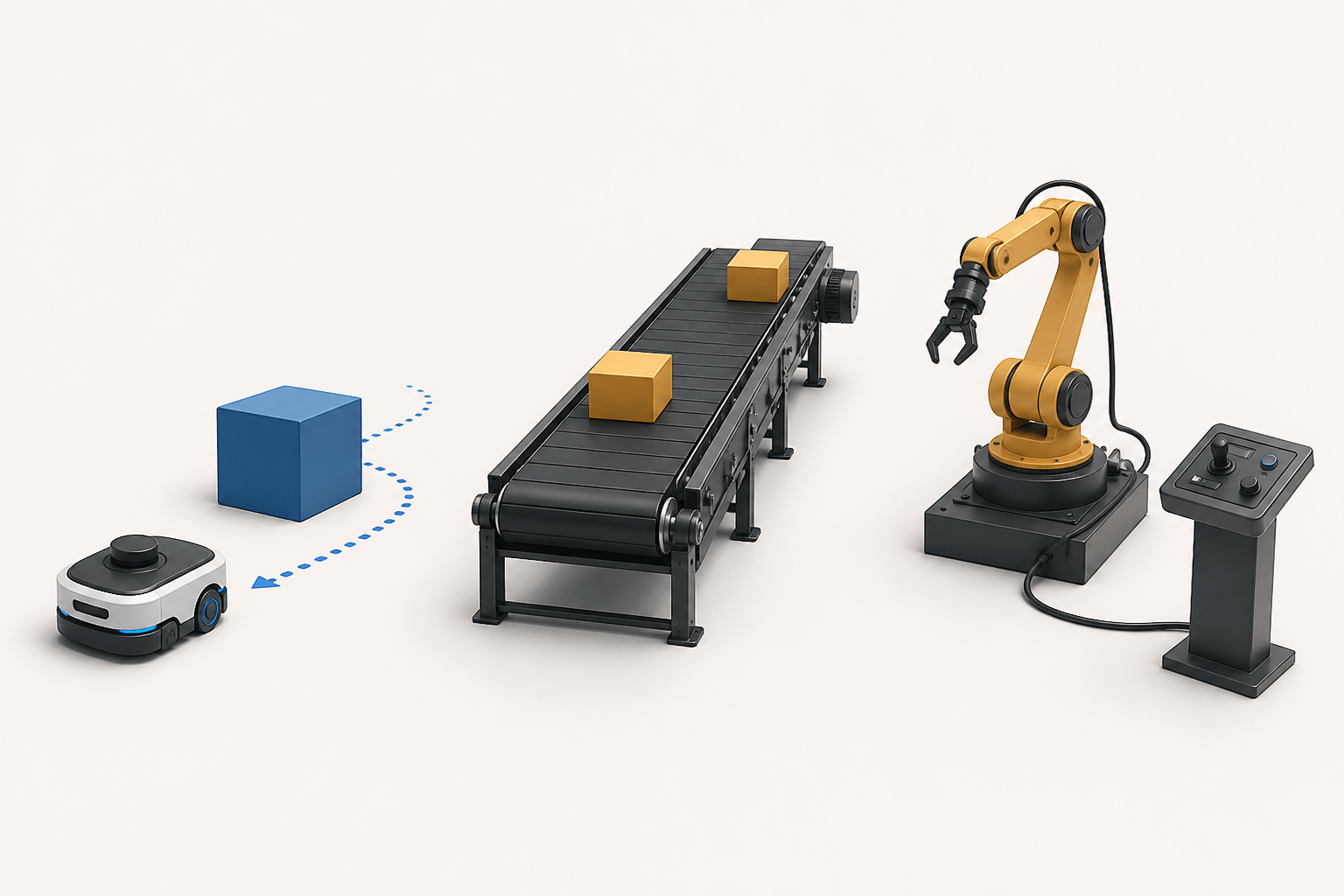 A generic autonomous mobile robot contrasted with a fixed automated conveyor and a human-operated remote manipulator