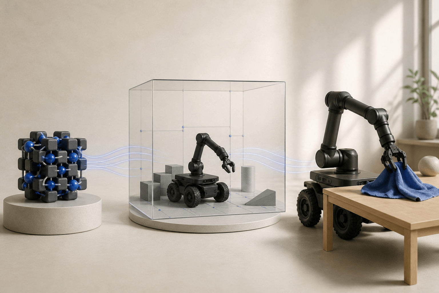 A language model, a simulated agent and a physical robot represented as distinct but connected systems
