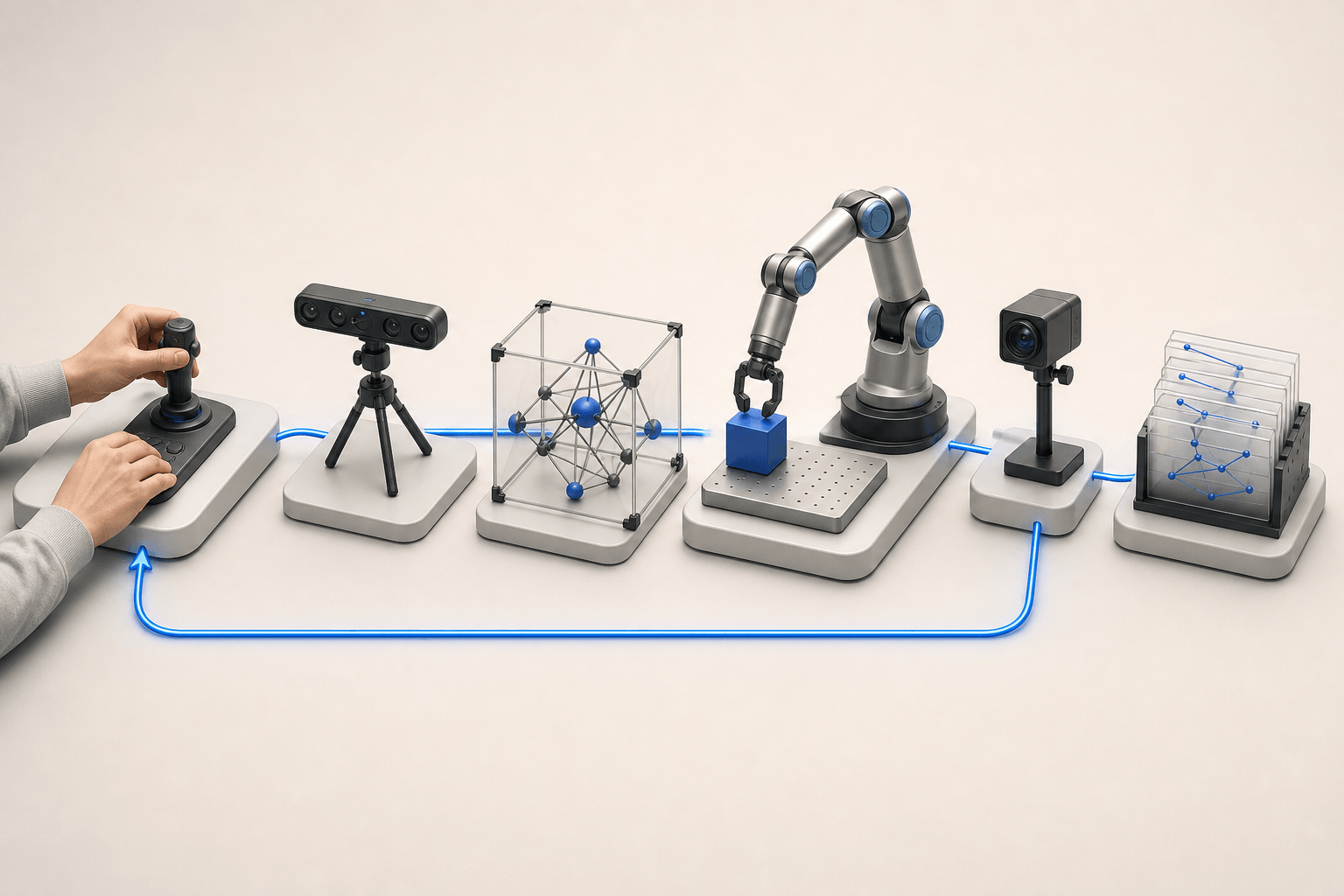 A layered teleoperation pipeline connecting human motion sensing, retargeting, robot control, visual feedback and recorded trajectories