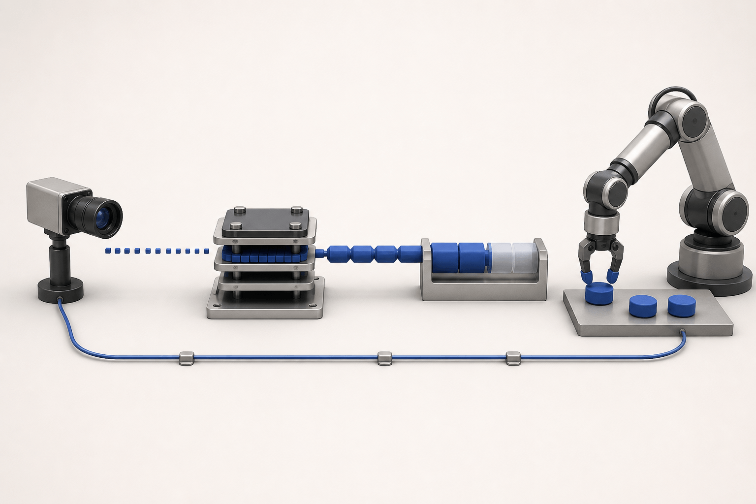 A layered robot control loop linking observations, a sequence generator, an action buffer and repeated feedback