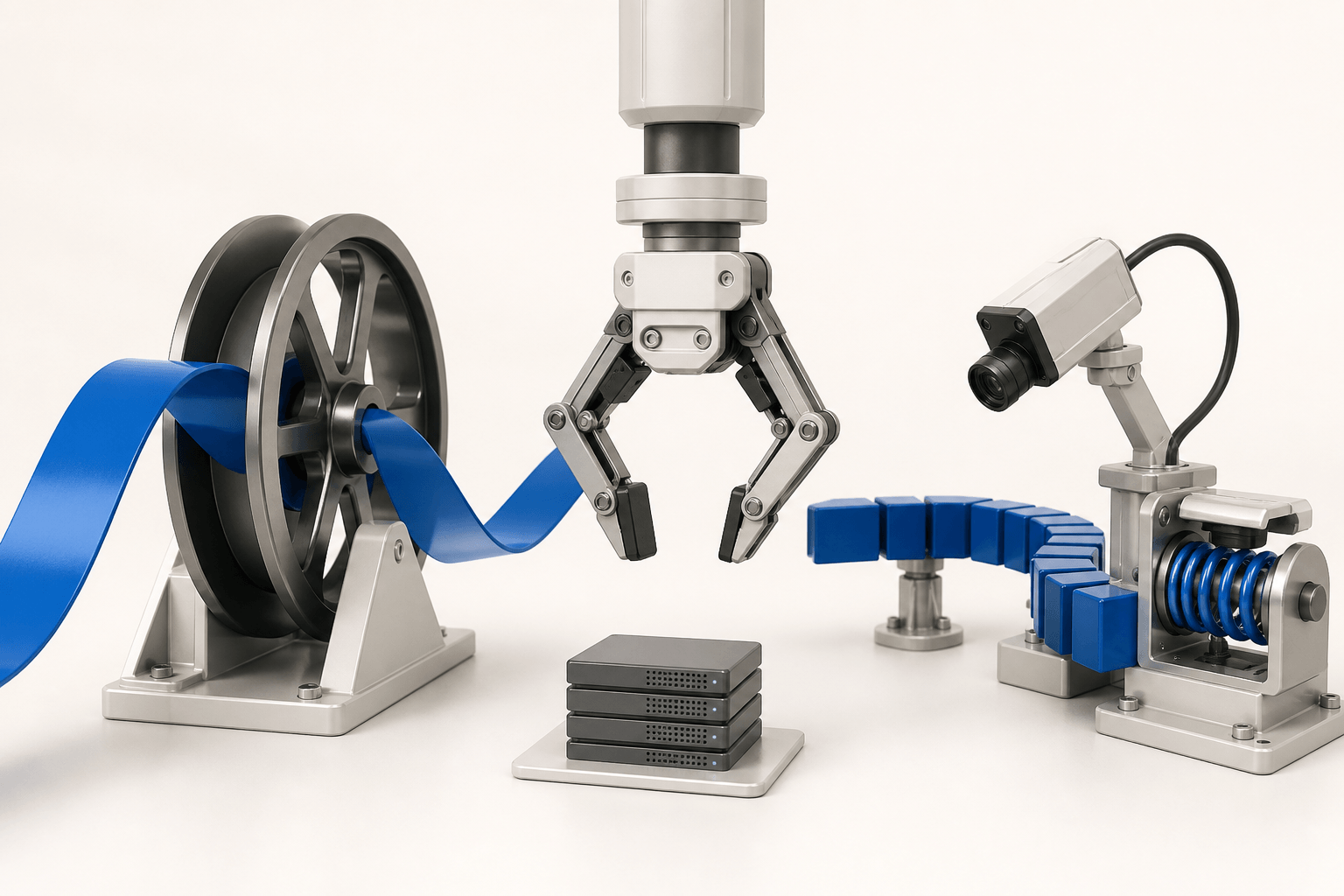 A balanced mechanical scene contrasting smooth long-horizon motion with rapid feedback and computational load