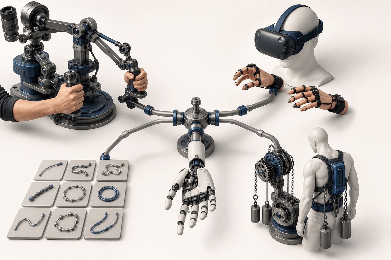 A balanced technical scene contrasting precise specialized controls with portable interfaces, operator workload and data diversity