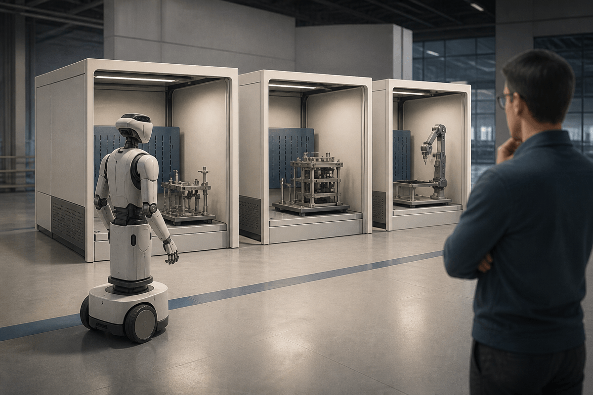 A conceptual humanoid facing several unlabelled industrial work cells while validation remains incomplete.