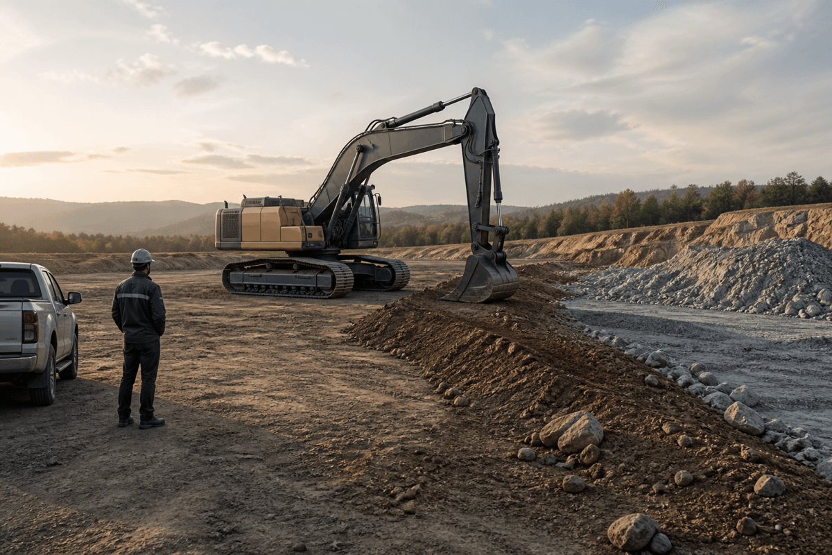 A conceptual excavator facing changing terrain while a distant supervisor observes from a safe position.