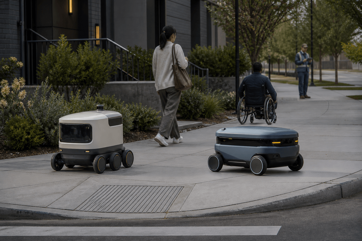A conceptual delivery robot paused before changing sidewalk conditions while an unbranded municipal observer records unresolved operating questions.