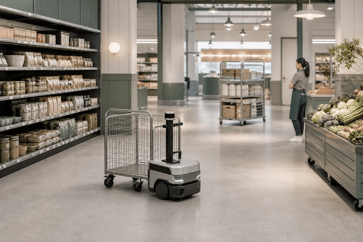 A conceptual grocery aisle where a generic transport robot pauses before temporary obstacles and an alternate route.