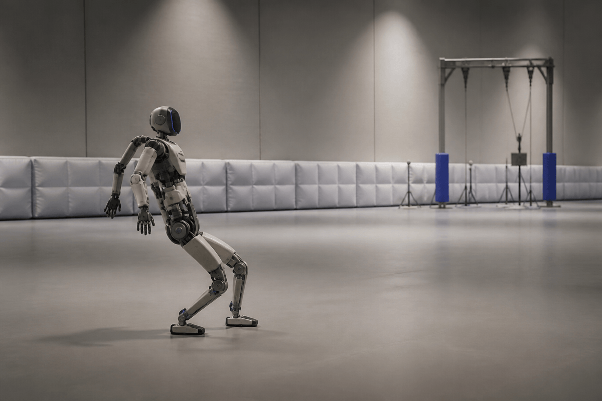 A conceptual humanoid entering a dedicated deceleration and balance-recovery zone after a high-speed test.